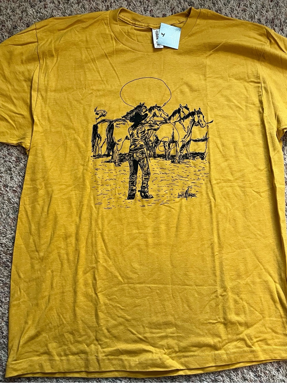 Tultex Mustard Short Sleeve Tee with Black Cowboy Horses Graphic